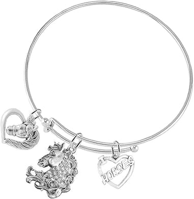 I Love Horses 3 Charm Adjustable Bracelet, Hypoallergenic. Nickle, Lead Free