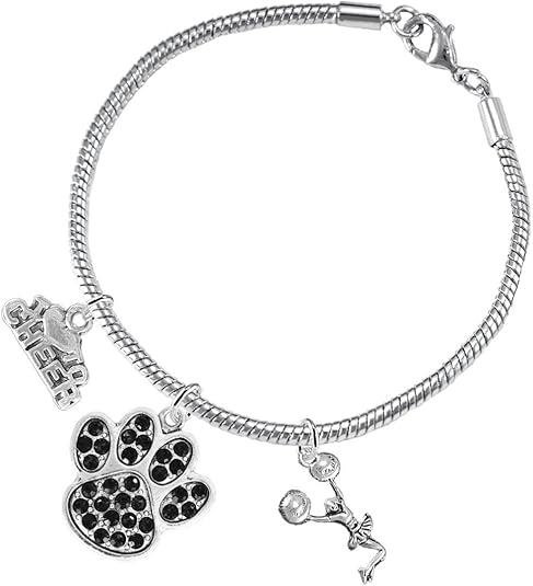 Black Paw Crystal Cheer 3 Charm Bracelet Safe-Hypoallergenic, Nickel, Lead and Cadmium Free