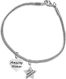 Amazing Women, You Made A Difference, Motivational Snake Chain Bracelet, Hypoallergenic, Safe-Nickel, Lead, Cadmium Free