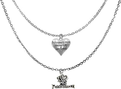 Police Mom, He's My Son, And He's My Hero Heart, I Love My Policeman, Genuine Austrian Crystal,Adjustable Silvertone Double Chain Necklace, Hypoallergenic-Safe, No Nickel, Lead, Or Cadmium In The Metal ©2023