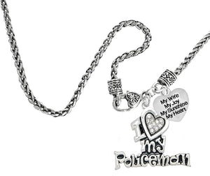 Policeman's, I Love My Policeman, My Wife, My Joy, My Sunshine, Wheat Chain Necklace, Hypoallergenic, Safe-Nickel, Lead, Free