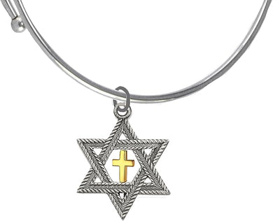 Messianic, Christian, Jewish, Antique Silver Star Of David, Gold Cross, Adjustable 6.5 To 8.5 Inch Miracle Wire Bracelet, Hypoallergenic, No Nickel, Lead, Cadmium In Metal