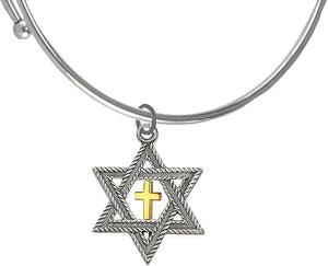 Messianic, Christian, Jewish, Antique Silver Star Of David, Gold Cross, Adjustable 6.5 To 8.5 Inch Miracle Wire Bracelet, Hypoallergenic, No Nickel, Lead, Cadmium In Metal