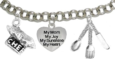 Cooking Jewelry, My Mom, My Joy, My Sunshine, My Heart, Chef Hat, Silverware, Adjustable Bracelet, Hypoallergenic, Safe-Nickel, Lead, Cadmium Free