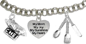 Cooking Jewelry, My Mom, My Joy, My Sunshine, My Heart, Chef Hat, Silverware, Adjustable Bracelet, Hypoallergenic, Safe-Nickel, Lead, Cadmium Free