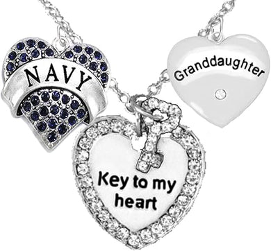Navy Granddaughter, Key to My Heart, Crystal Granddaughter Heart Charm Necklace, Hypoallergenic, Safe-Nickel, Lead, Free