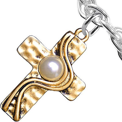 Christian Cross, Two Tone Matt Gold and Silver, Faux Pearl Bracelet, Adjustable, Hypoallergenic, Safe-Nickel, Lead, and Cadmium Free