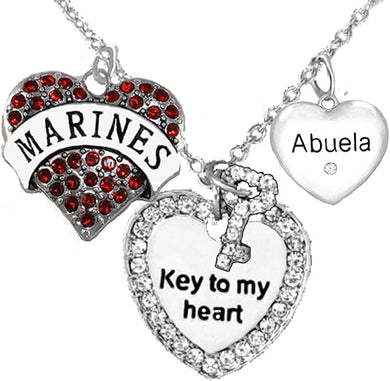 Marine Abuela, Key to My Heart, Crystal Abuela Heart Charm Necklace, Hypoallergenic, Safe-Nickel, Lead, Free