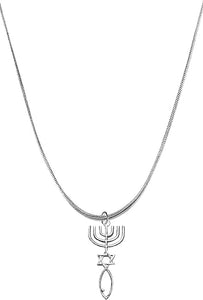Messianic Seal of Jerusalem With Menorah, Star Of David, Christian Fish On Snake Chain Necklace, Adjustable, Hypoallergenic, Safe-Nickel, Lead, Cadmium Free