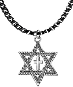 Messianic, Christian, Jewish Antique Silvertone Star Of David And A High Polished Cross On A Black Anodized Box Chain Necklace, Hypoallergenic-Safe, No Nickel, Lead, or Cadmium In The Metal ©2023