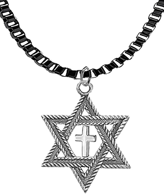 Messianic, Christian, Jewish Antique Silvertone Star Of David And A High Polished Cross On A Black Anodized Box Chain Necklace, Hypoallergenic-Safe, No Nickel, Lead, or Cadmium In The Metal ©2023