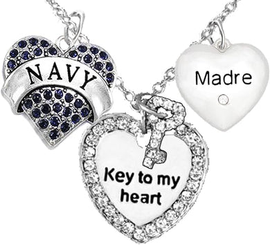 Navy Madre, Key to My Heart, Crystal Madre Heart Charm Necklace, Hypoallergenic, Safe-Nickel, Lead, Free