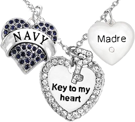 Navy Madre, Key to My Heart, Crystal Madre Heart Charm Necklace, Hypoallergenic, Safe-Nickel, Lead, Free