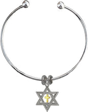 Messianic, Christian, Jewish, Antique Silver Star Of David, Gold Cross, Adjustable 6 To 8.5 Inch Flexible Wire Bracelet, Removeable Ends That Lets You Add Charms Without Tools, Hypoallergenic, No Nickel, Lead, Cadmium In Metal