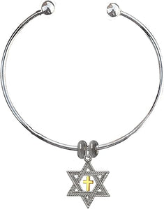 Messianic, Christian, Jewish, Antique Silver Star Of David, Gold Cross, Adjustable 6 To 8.5 Inch Flexible Wire Bracelet, Removeable Ends That Lets You Add Charms Without Tools, Hypoallergenic, No Nickel, Lead, Cadmium In Metal