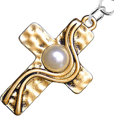 Christian Cross, Two Tone Matt Gold and Silver, Faux Pearl Fishhook Earrings Hypoallergenic, Safe-Nickel, Lead, And Cadmium Free