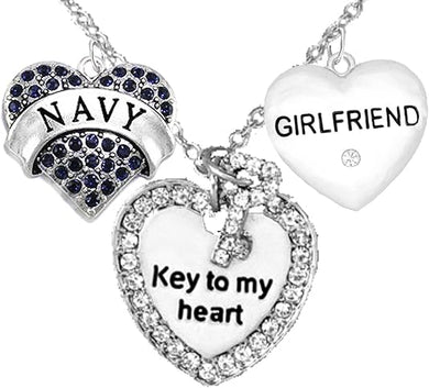 Navy Girlfriend, Key to My Heart, Crystal Girlfriend Heart Charm Necklace, Hypoallergenic, Safe-Nickel, Lead, Free
