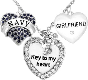 Navy Girlfriend, Key to My Heart, Crystal Girlfriend Heart Charm Necklace, Hypoallergenic, Safe-Nickel, Lead, Free