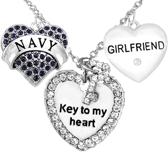 Navy Girlfriend, Key to My Heart, Crystal Girlfriend Heart Charm Necklace, Hypoallergenic, Safe-Nickel, Lead, Free