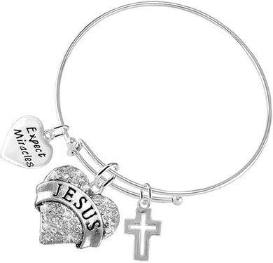 Expect Miracles, Jesus Heart 3 Charm Adjustable Bracelet Hypoallergenic, Safe-Nickel, Lead, Free