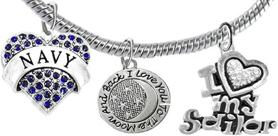 Navy, I Love You to The Moon and Back, Crystal I Love My Sailor, Licensed Navy Charm, Snake Chain Bracelet, Hypoallergenic, Safe-Nickel, Lead, Cadmium Free