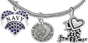 Navy, I Love You to The Moon and Back, Crystal I Love My Sailor, Licensed Navy Charm, Snake Chain Bracelet, Hypoallergenic, Safe-Nickel, Lead, Cadmium Free