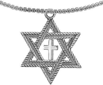 Messianic, Christian, Jewish Antique Silvertone Star Of David And A High Polished Cross On A Box Chain Necklace, Hypoallergenic-Safe, No Nickel, Lead, or Cadmium In The Metal ©2023, Large, Silver, Carnelian