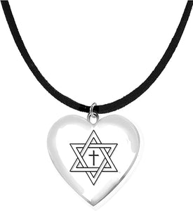 Messianic, Beautiful Star Of David With A Floating Cross Inside Of It, On A Heart Suspended On A Adjustable Black Suede Necklace, Hypoallergenic-Safe, No Nickel, Lead, Or Cadmium ©2022, Large, Silver, Carnelian