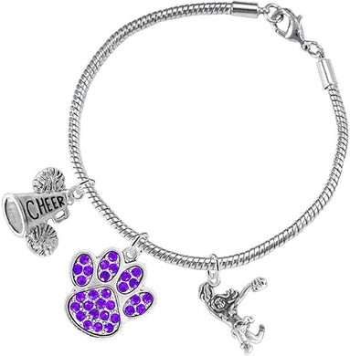 Purple Paw Crystal Cheer 3 Charm Bracelet Safe-Hypoallergenic, Nickel, Lead and Cadmium Free