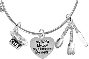 Cooking Jewelry, My Wife, My Joy, My Sunshine, My Heart, Chef Hat, Silverware, Adjustable Bracelet, Hypoallergenic, Safe-Nickel, Lead, Cadmium Free