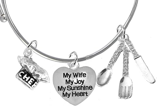 Cooking Jewelry, My Wife, My Joy, My Sunshine, My Heart, Chef Hat, Silverware, Adjustable Bracelet, Hypoallergenic, Safe-Nickel, Lead, Cadmium Free