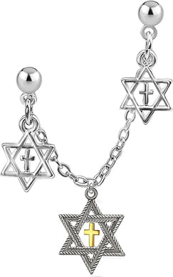 Messianic Yeshua Jewelry, Beautful Antique Silver Star Of David With A Gold Cross On A Double Hole Silvertone Earring Chain