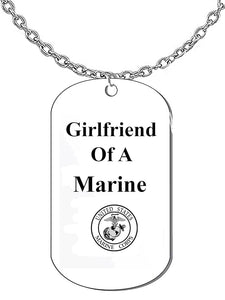 Girlfriend Of A Marine Dog Tag On A Silvertone Cable Chain Necklace. 18-21 Inches. What A Great Gift For Yourself, Or Somebody Special. Beautiful Premium Quality, Silvertone Finish. Hypoallergenic