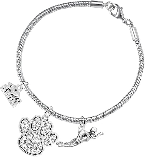 Swimming 3 Charm Clear Crystal Paw Bracelet Hypoallergenic, Safe-Nickel, Lead & Cadmium Free!
