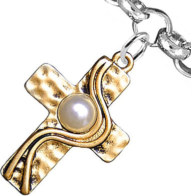 Christian Cross, Two Tone Matt Gold and Silver, Faux Pearl Bracelet, Hypoallergenic, Safe-Nickel, Lead, and Cadmium Free