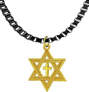 Messianic, Christian, Jewish, Antique 14KT Goldtone Star Of David, Goldtone Cross On A Adjustable 18-21 Inch Black Box Chain Necklace, Hypoallergenic-Safe, No Nickel, Lead, Cadmium In The Metal