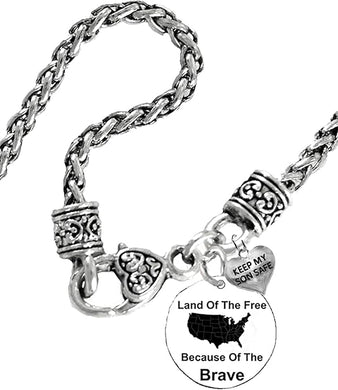 Land Of The Free, Because Of The Brave, On A Antique Silvertone Woven Wheat Chain Necklace. Keep My Son Safe. What A Wonderful Gift For Yourself, Or Someone Special. Hypoallergenic-Safe, No Nickel, Lead, Or Cadmium In The Metal. ©2024