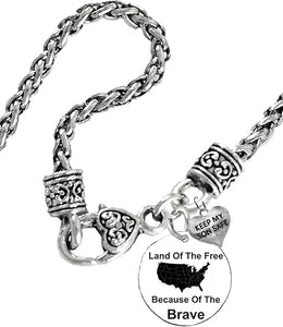 Land Of The Free, Because Of The Brave, On A Antique Silvertone Woven Wheat Chain Necklace. Keep My Son Safe. What A Wonderful Gift For Yourself, Or Someone Special. Hypoallergenic-Safe, No Nickel, Lead, Or Cadmium In The Metal. ©2024