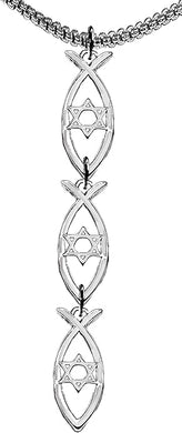 Messianic Fashion, 3 Ichthys Fish, The Sacred Symbol Of The Early Christians With A Jewish Symbol, The Star Of David Charm,Suspended On A Silvertone Adjustable Box Chain Necklace,Gift Ready, Comes In Black Velvet Bag