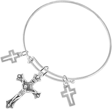 Crucifix Christian, 3 Charm Adjustable Bracelet Hypoallergenic, Safe-Nickel, Lead, Free