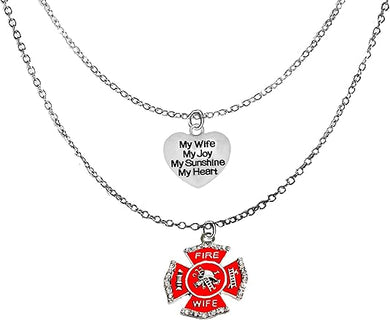 Firefighter Wife, My Wife, My Joy, My Sunshine My Heart On A Adjustable Silvertone Double Cable Chain Necklace,Hypoallergenic-Safe, No Nickel, Lead Or Cadmium In The metal ©2023
