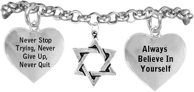 Jewish Star Of David, Never Stop Trying, Never Give Up Hypoallergenic Adjustable Bracelet