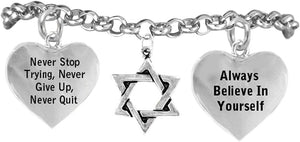 Jewish Star Of David, Never Stop Trying, Never Give Up Hypoallergenic Adjustable Bracelet