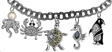 Sea Horse,Octopus,Turtle,Penquin,Crab,Animals Of The Ocean, Endangered Wildlife, Genuine Crystal Charms,Bracelet, Hypoallergenic-Safe No Nickel,Lead, Or Cadmium