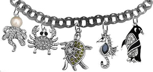 Sea Horse,Octopus,Turtle,Penquin,Crab,Animals Of The Ocean, Endangered Wildlife, Genuine Crystal Charms,Bracelet, Hypoallergenic-Safe No Nickel,Lead, Or Cadmium