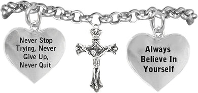 Jesus Christ Cross Bracelet Never Give Up. Never Stop Trying, Adjustable Hypoallergenic, Nickel, Lead Free
