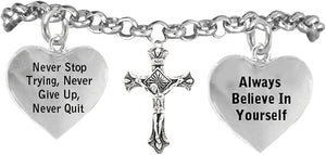 Jesus Christ Cross Bracelet Never Give Up. Never Stop Trying, Adjustable Hypoallergenic, Nickel, Lead Free