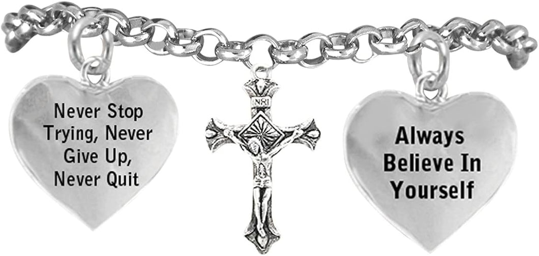 Jesus Christ Cross Bracelet Never Give Up. Never Stop Trying, Adjustable Hypoallergenic, Nickel, Lead Free