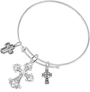 Christian Three Crosses, 3 Charm Adjustable Bracelet Hypoallergenic, Safe-Nickel, Lead, Free