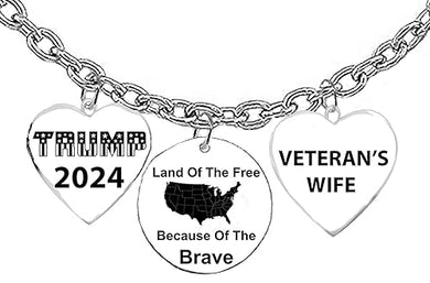 Trump 2024 Stars And Stripes Silvertone Heart, Land Of The Free Because Of The Brave, Veteran Wife Heart On A Adjustable Cable Chain Necklace, What A Great Gift For Yourself, Or Someone Special